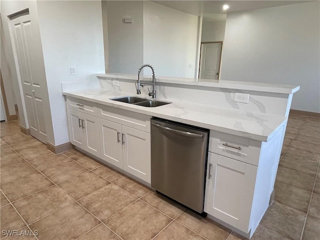 kitchen featuring light stone counters, sink, white cabinets, and dishwasher