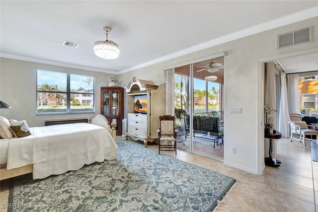 tiled bedroom with multiple windows, access to outside, ornamental molding, and a chandelier