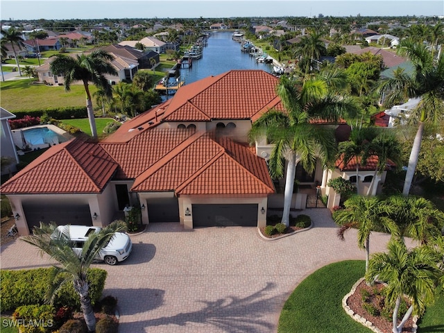 drone / aerial view featuring a water view