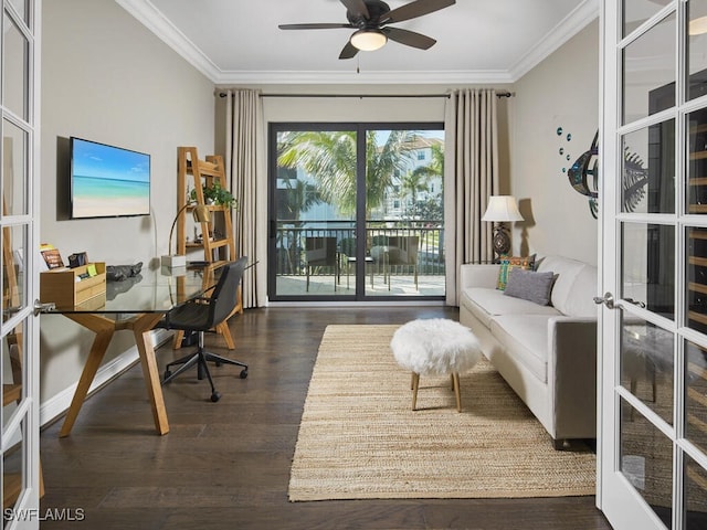 office area with dark hardwood / wood-style floors, ornamental molding, french doors, and ceiling fan