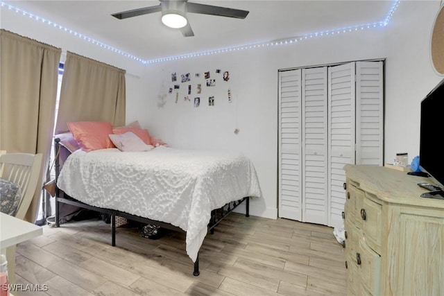 bedroom featuring ceiling fan and light wood-type flooring