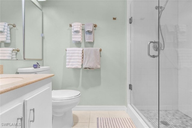 bathroom featuring vanity, an enclosed shower, tile patterned floors, and toilet