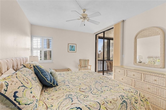 bedroom featuring access to outside and ceiling fan