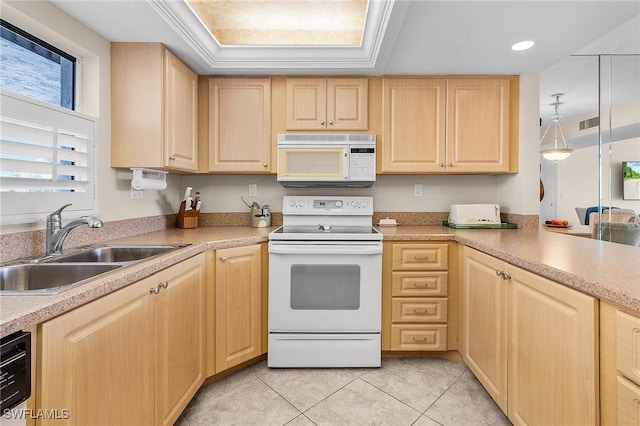 kitchen featuring light brown cabinetry, sink, hanging light fixtures, light tile patterned floors, and white appliances