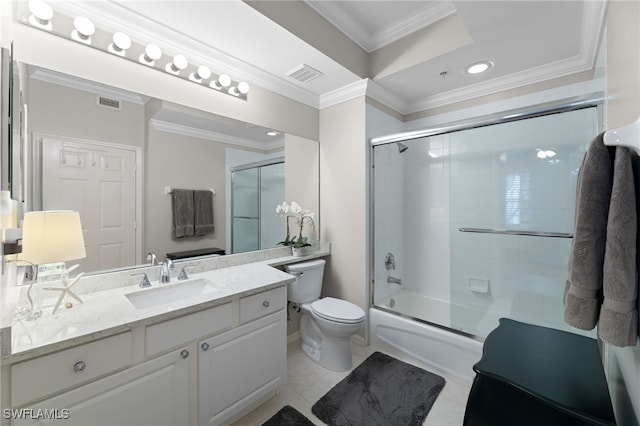 full bathroom with crown molding, combined bath / shower with glass door, tile patterned flooring, vanity, and toilet