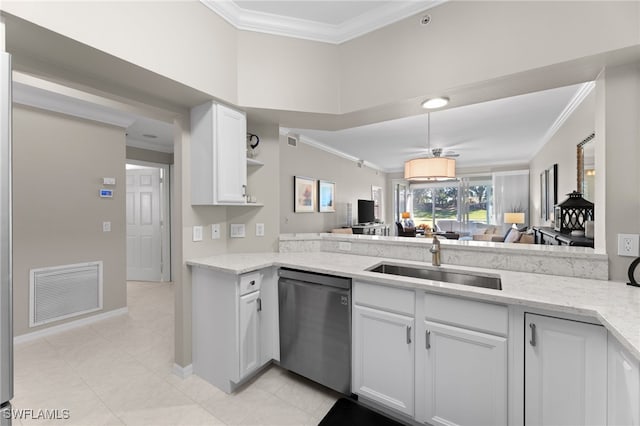 kitchen with white cabinets, ornamental molding, sink, and dishwashing machine