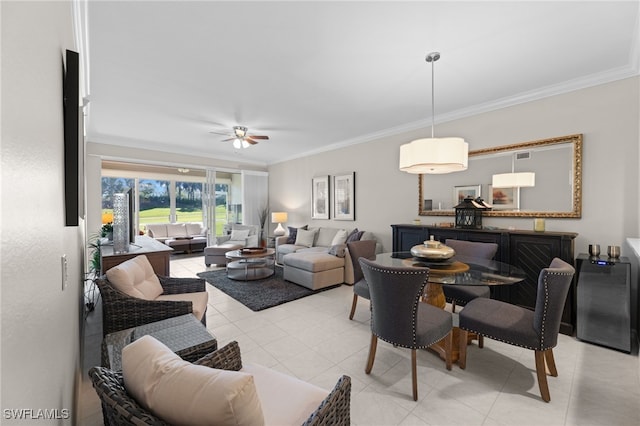 living room with light tile patterned floors, ornamental molding, and ceiling fan