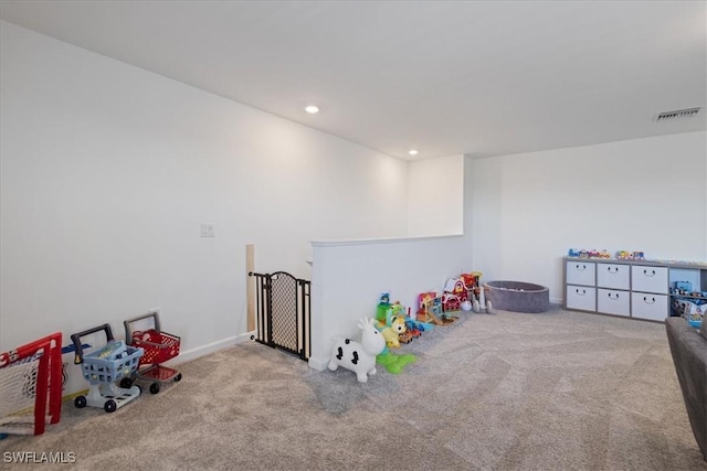 rec room featuring recessed lighting, visible vents, carpet floors, and baseboards