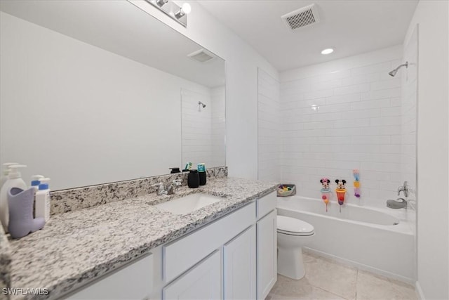 full bathroom with visible vents, toilet, washtub / shower combination, tile patterned flooring, and vanity