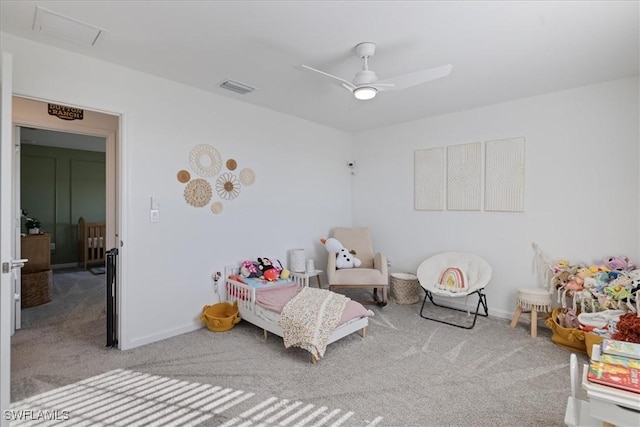 carpeted bedroom featuring ceiling fan