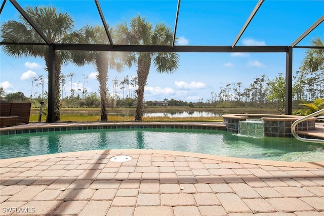 view of pool featuring a water view, an in ground hot tub, and a lanai