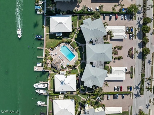 aerial view featuring a water view