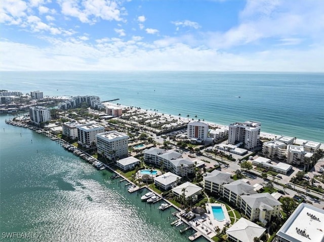 drone / aerial view featuring a water view