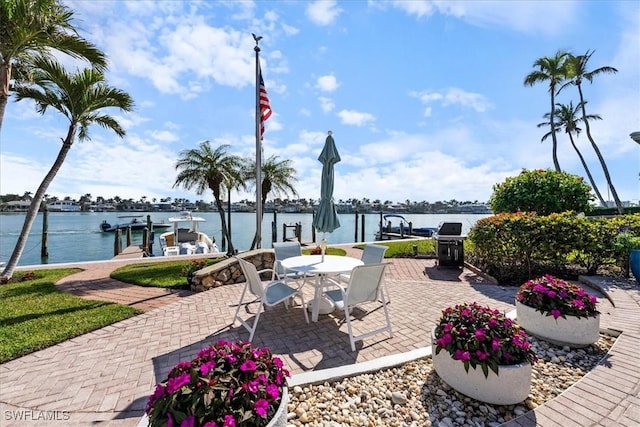 view of patio / terrace with a dock and a water view