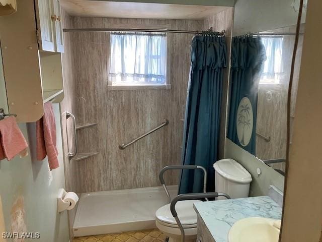 bathroom featuring vanity, toilet, and a shower with shower curtain