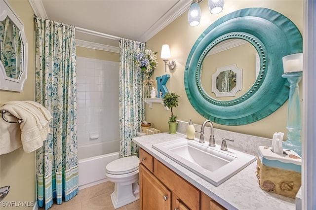 full bathroom featuring toilet, crown molding, vanity, shower / bath combination with curtain, and tile patterned flooring