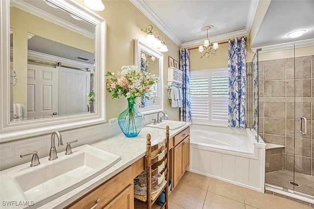 bathroom with tile patterned floors, crown molding, an inviting chandelier, shower with separate bathtub, and vanity