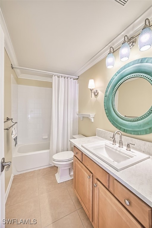 bathroom featuring crown molding, tile patterned flooring, vanity, toilet, and shower / bath combo with shower curtain