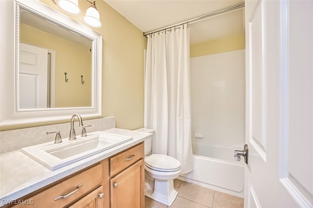 full bathroom with vanity, tile patterned flooring, shower / bath combination with curtain, and toilet