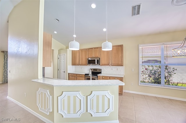 9062 Shadow Glen Way, Fort Myers, FL 33913 - kitchen featuring stainless steel appliances, light tile patterned floors, light countertops, baseboards, and hanging light fixtures