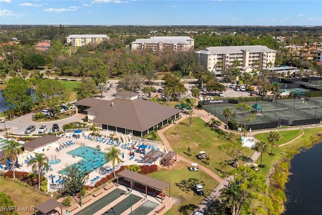 aerial view featuring a water view