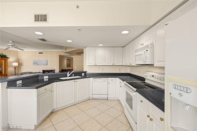 kitchen featuring white appliances, kitchen peninsula, sink, and white cabinets