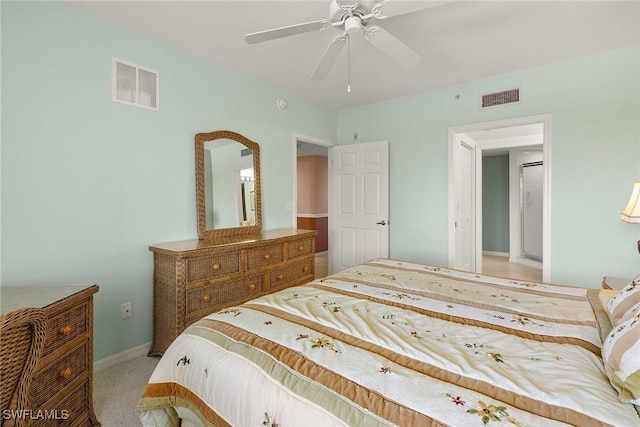 bedroom with ceiling fan and carpet