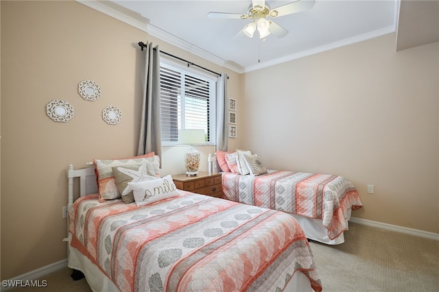 bedroom with ceiling fan, ornamental molding, and carpet floors