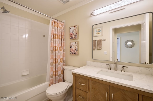 full bathroom with crown molding, vanity, toilet, and shower / bath combo