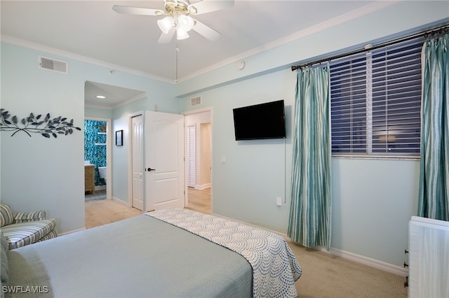 carpeted bedroom featuring crown molding, radiator heating unit, and ceiling fan