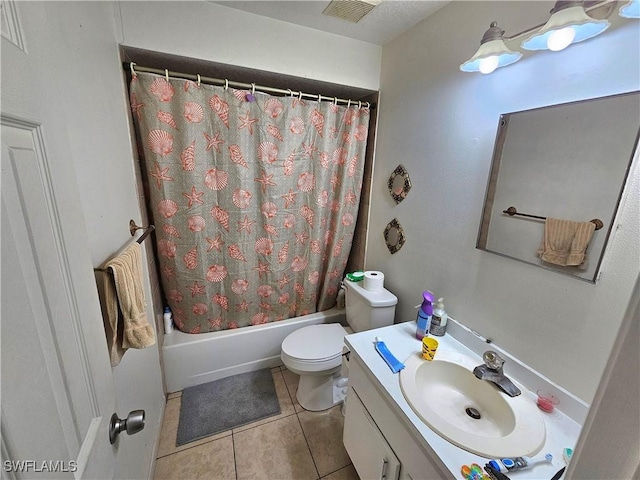 full bathroom with vanity, shower / bath combo, tile patterned floors, and toilet