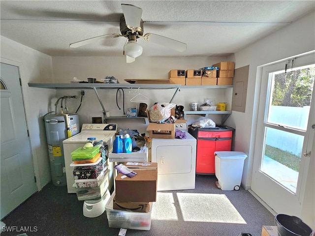 clothes washing area featuring ceiling fan, separate washer and dryer, electric water heater, and a textured ceiling