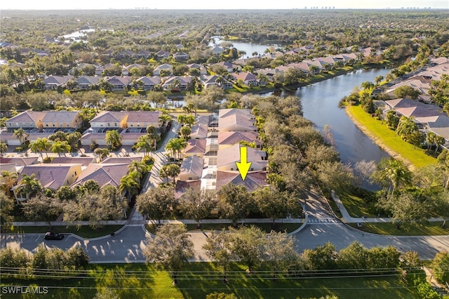 drone / aerial view featuring a water view