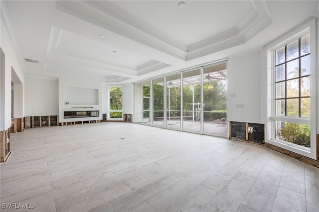 unfurnished sunroom featuring a healthy amount of sunlight and a tray ceiling