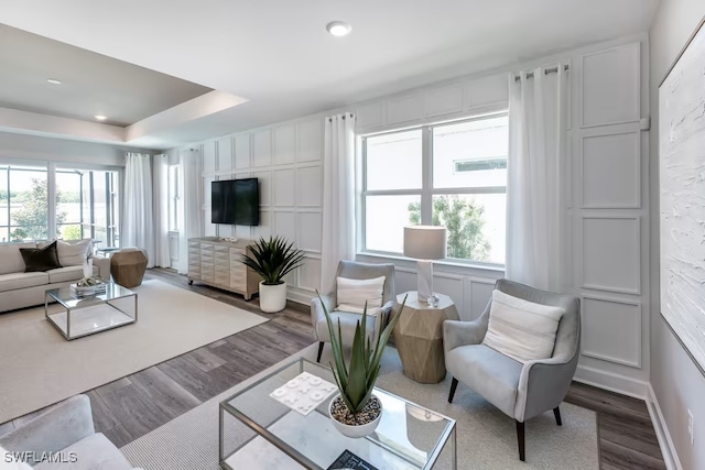 living room featuring hardwood / wood-style floors and a tray ceiling