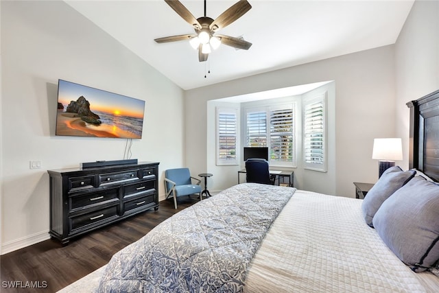 bedroom featuring ceiling fan, lofted ceiling, and dark hardwood / wood-style floors