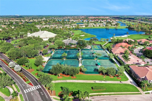 bird's eye view with a water view