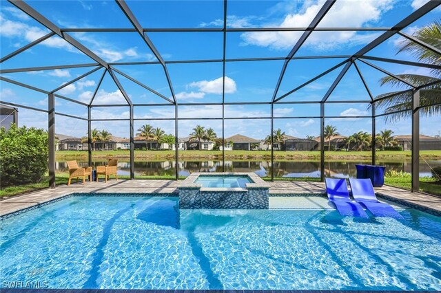 view of swimming pool featuring a water view, an in ground hot tub, a lanai, and a patio