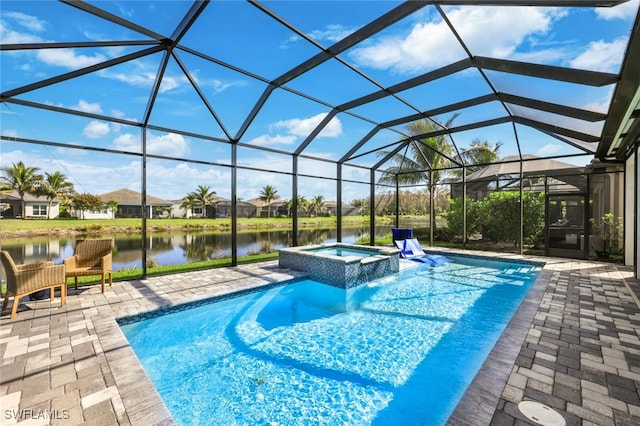 view of swimming pool featuring a patio, an in ground hot tub, a water view, and glass enclosure