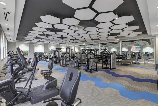 workout area with a raised ceiling and carpet floors