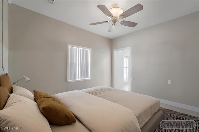 bedroom with ceiling fan and multiple windows