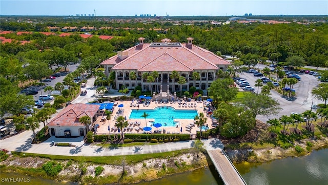 aerial view featuring a water view