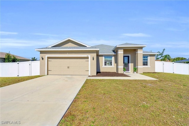 view of front of house with a garage and a front lawn