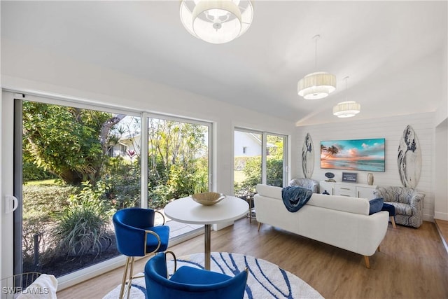 living room featuring lofted ceiling and hardwood / wood-style floors