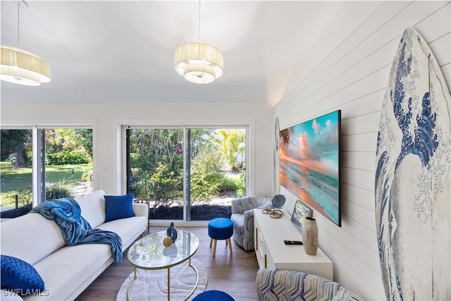 living room featuring dark wood-type flooring, wooden walls, and a wealth of natural light