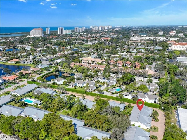 aerial view featuring a water view