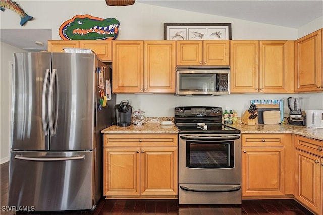 kitchen with vaulted ceiling, appliances with stainless steel finishes, dark hardwood / wood-style floors, light brown cabinetry, and light stone counters