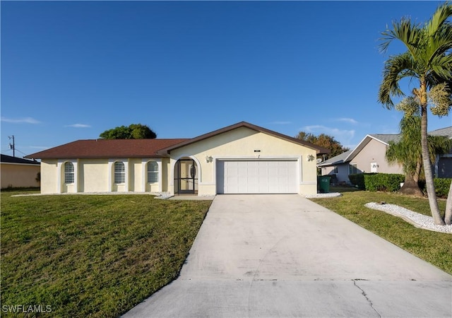 single story home featuring a garage and a front yard