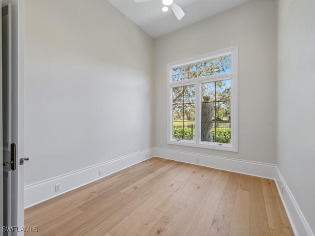 unfurnished room with ceiling fan and light hardwood / wood-style floors