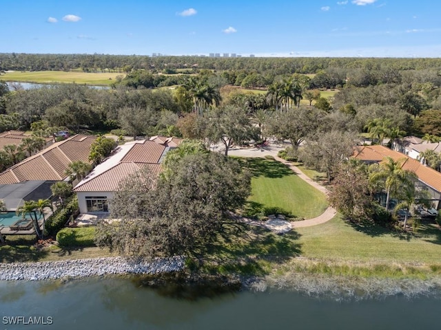 drone / aerial view with a water view